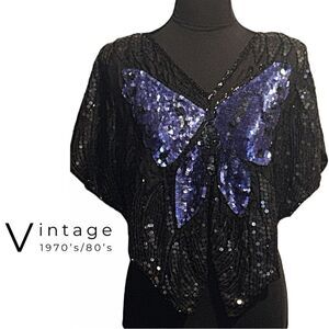VINTAGE 1970’s/80’s 100%‎ Silk Sequin Formal Butterfly Top